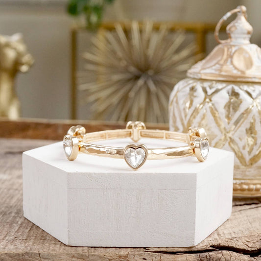 PennyLine inc - Heart Faceted Crystals Stretchy Stackable Station Bangles – Gold & Silver Tone: Gold Tone