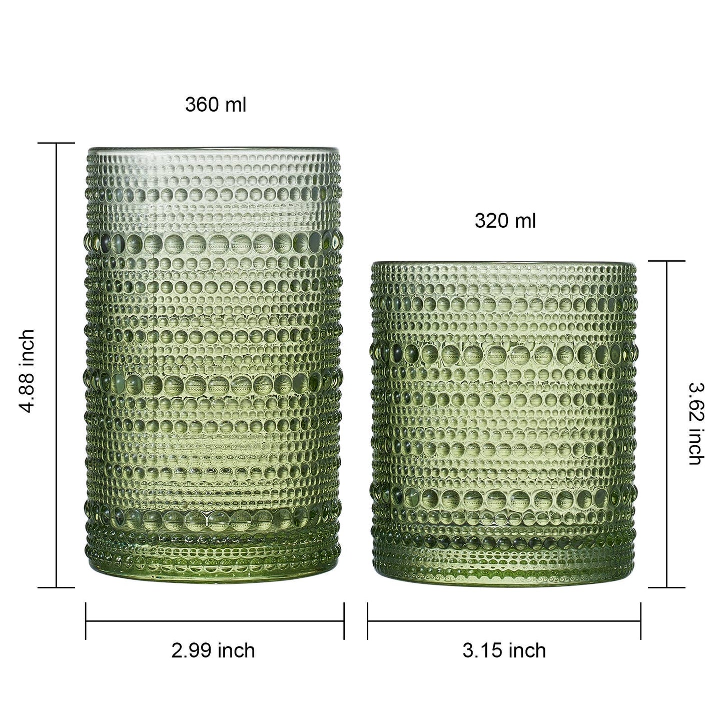 The Wine Savant /  Khen Glassware - Green Hobnail Glasses, 12 Set, 6x Low 11OZ + 6x High 12OZ