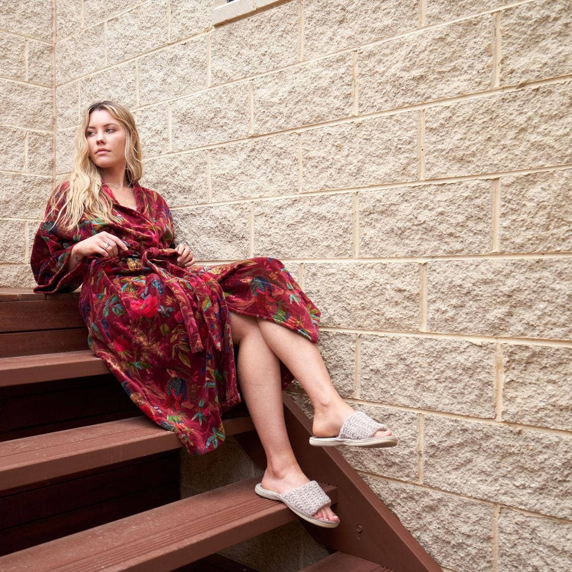 Linen Connections - Kimono Cotton Velvet Floral Kimono Bathrobe Bridal Robe