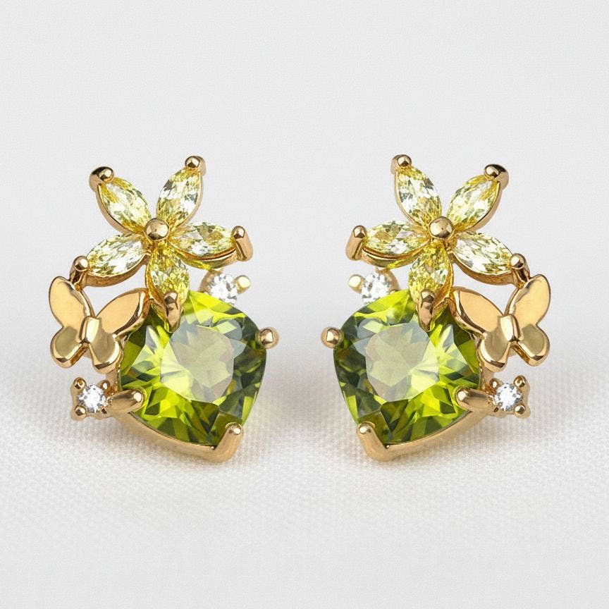Ellemadera - Olive Green Cubic Zirconia Butterfly Stud Earrings