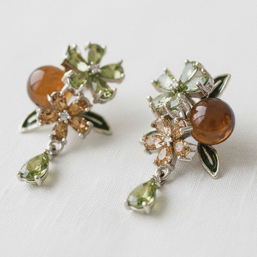 Ellemadera - Vintage Inspired Cubic Zirconia Flower Tassel Earrings