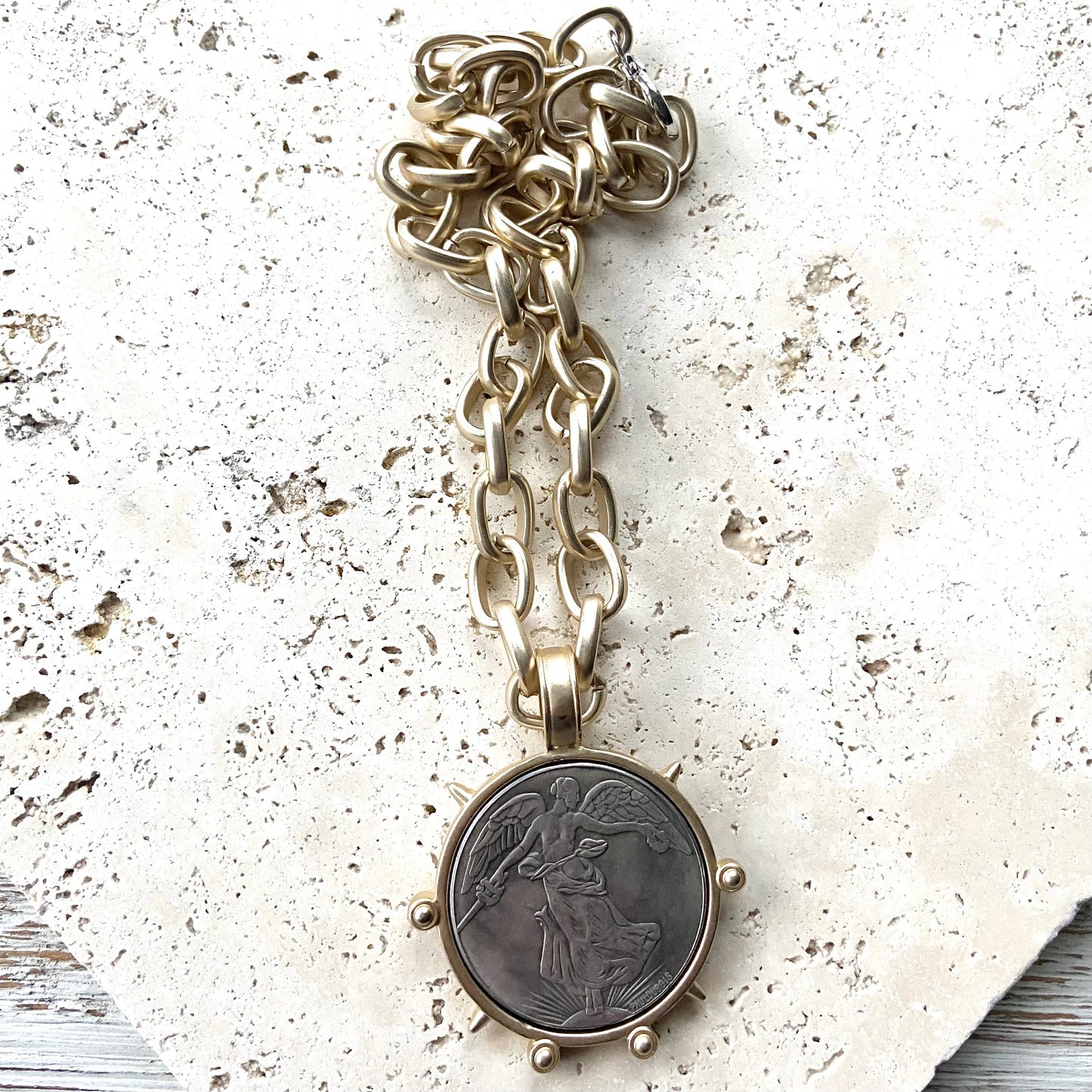 VB&CO Designs Handmade Jewelry - Medallion French Angel coin necklace boutique  jewelry: Matte gold