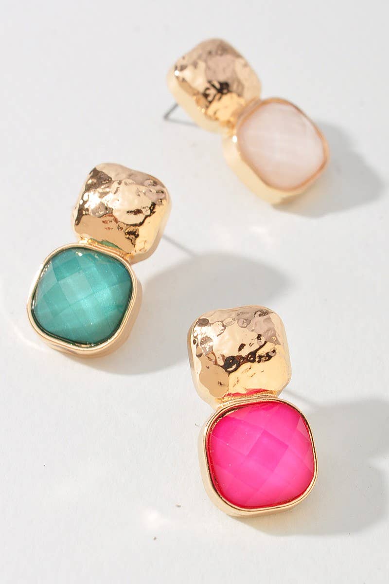 anbfashion - HAMMERED METAL SQUARE STONE EARRING : Gdgrn