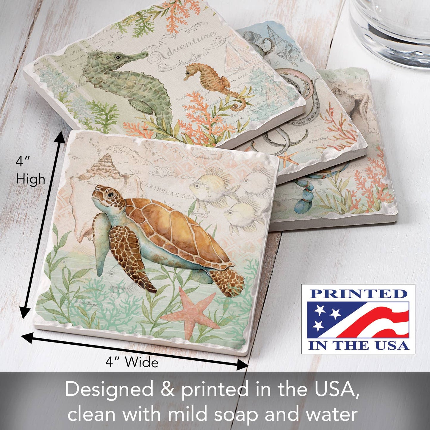 CounterArt/Highland Home/Thirstystone - Caribbean Seas Assorted Image Tumbled Tile Coaster 4 Pack