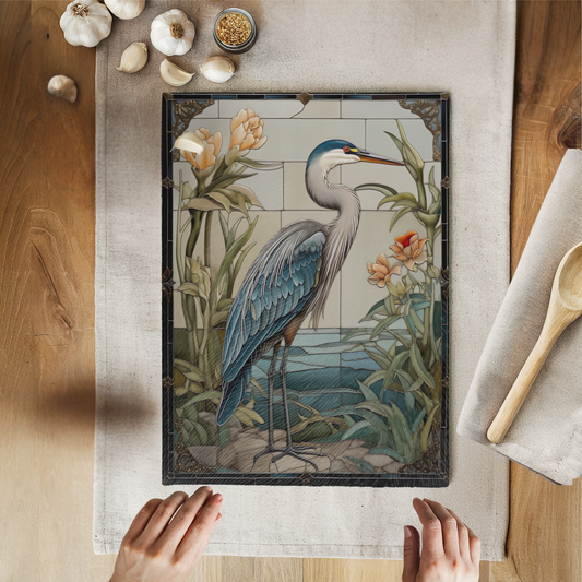 Fernville Creations - Blue Heron Tempered Glass Cutting Board, Charcuterie Board: 11 X 15 - Inch