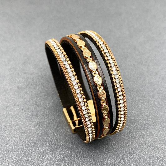 Mio Queena - LB - Sparkling Rhinestone & Leather Triple-Layer Boho Bracelet: Black