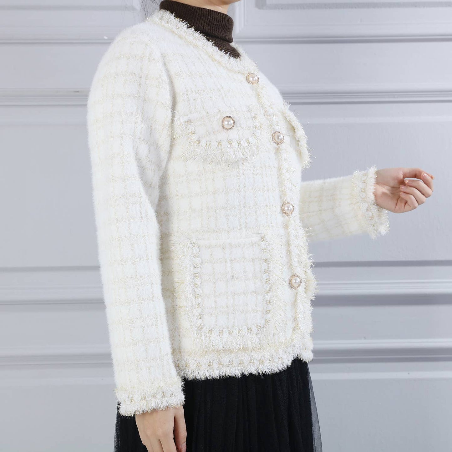 PEACH ACCESSORIES - SD187 Tweed soft cardigan: Black