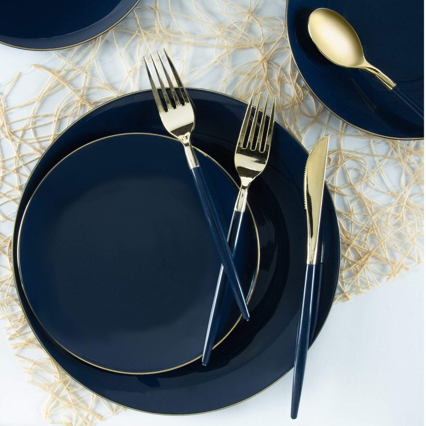 Luxe Party - Round Navy • Gold Plastic Plates | 10 Pack: 10.25" Dinner Plates