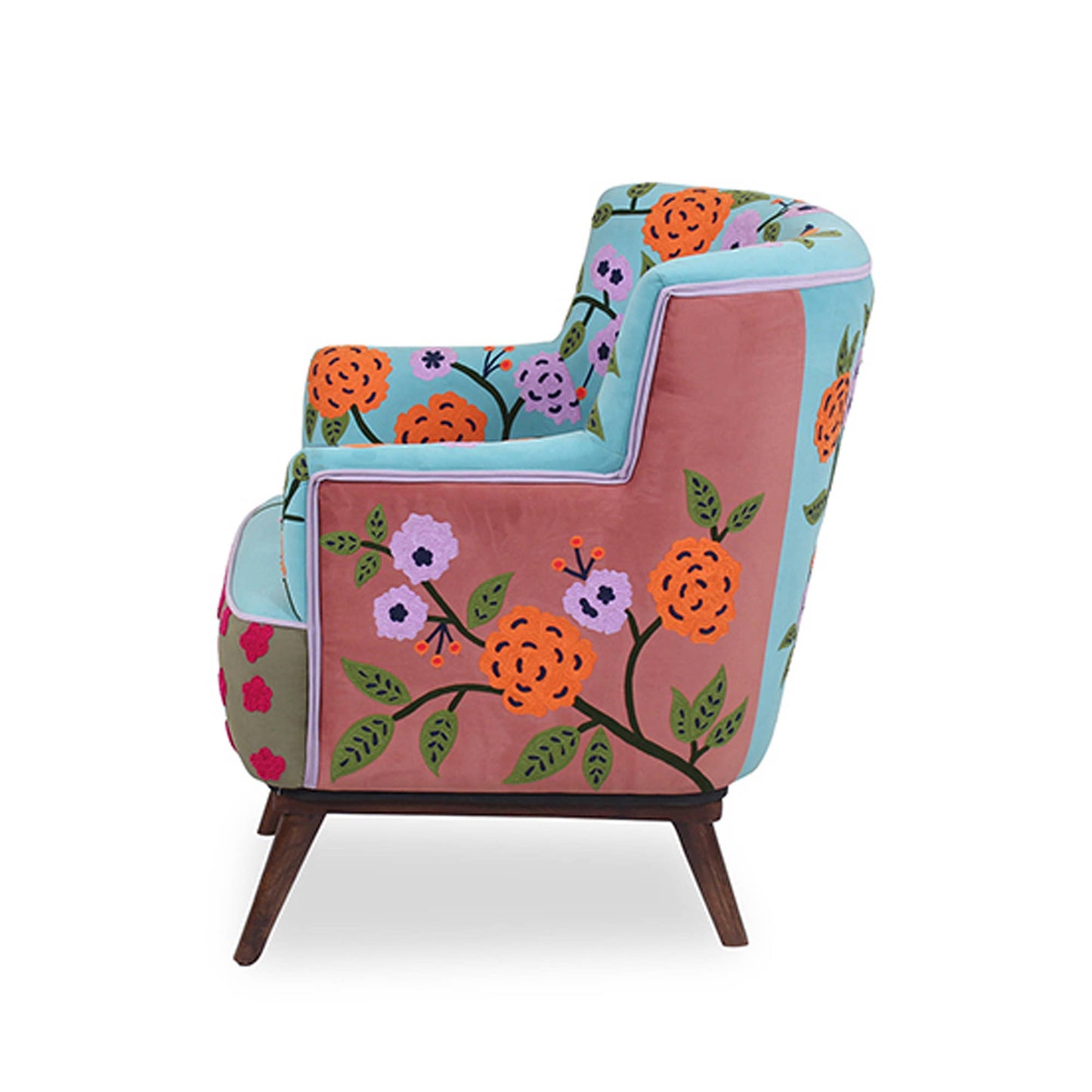 LR Home - Multi Floral Embroidered Hand- made Wood Square Chair