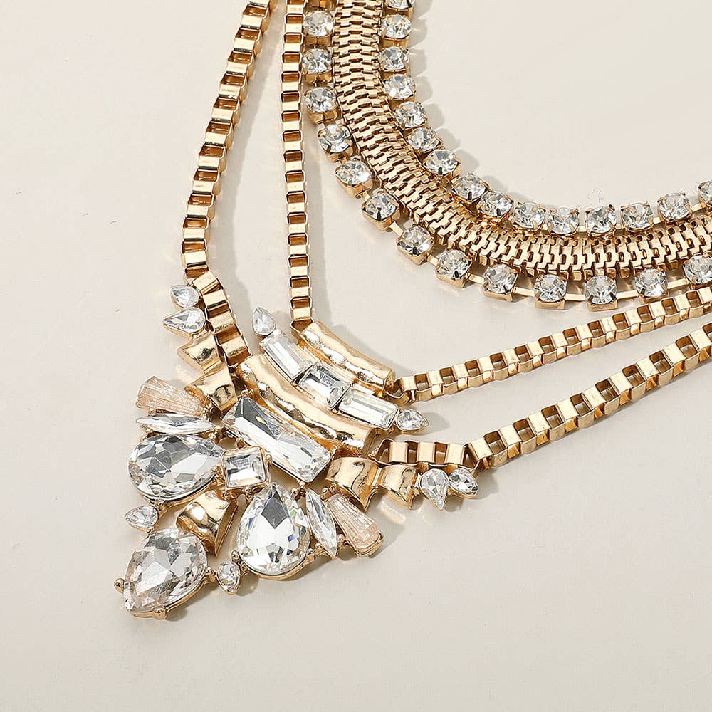 Sensibling Corp. - Antique Metal Stone Embellished Statement Necklace: Yellow Gold