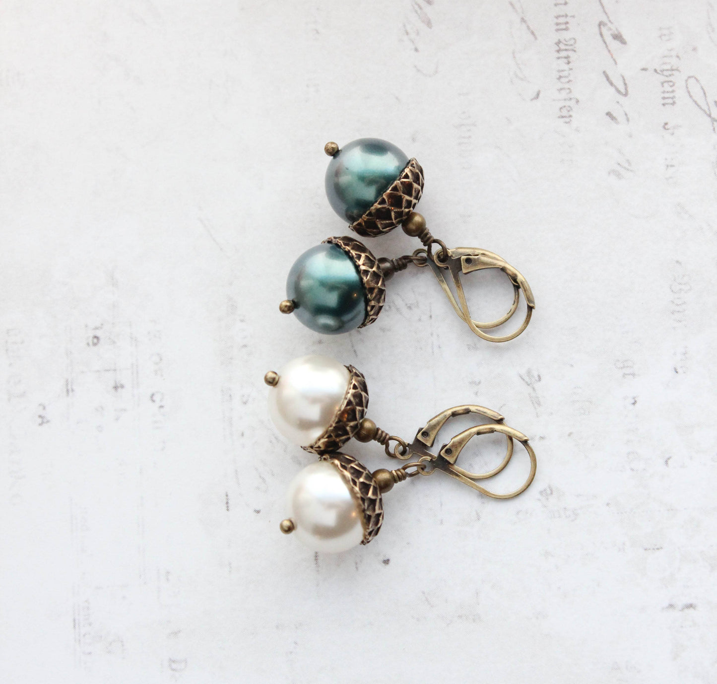 A Pocket of Posies - Pearl Acorn Earrings - ANTIQUED BRASS (23 colors): 4) Pink Champagne