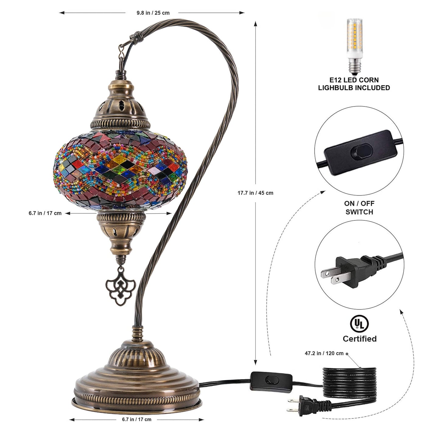 Mozaist LLC - Mozaist Handmade Turkish Mosaic Swan Table Lamp Rainbow