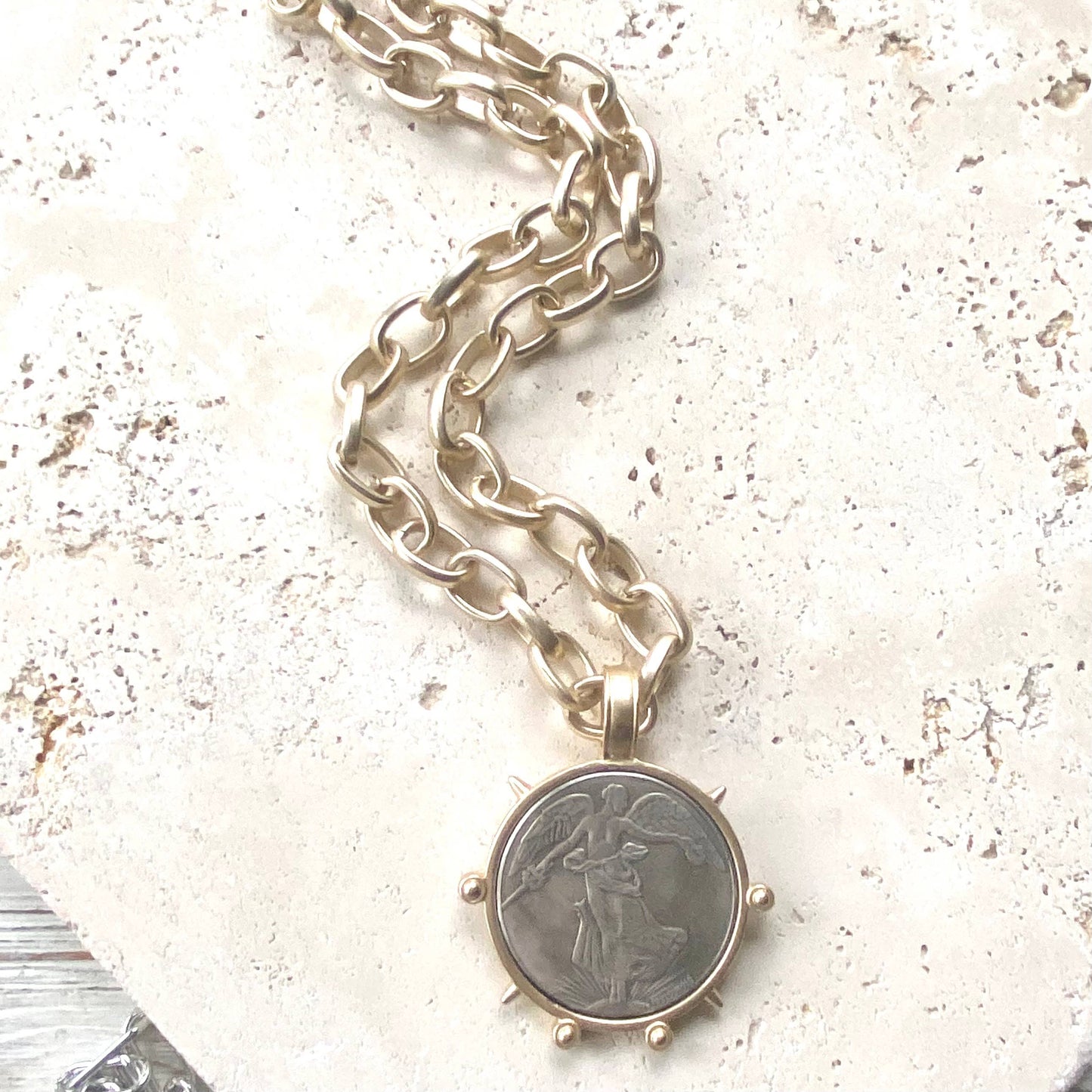 VB&CO Designs Handmade Jewelry - Medallion French Angel coin necklace boutique  jewelry: Matte gold
