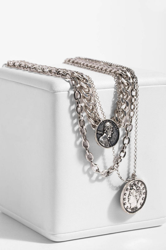 SAACHI - Sikka Coin Layered Chain Necklace: Silver