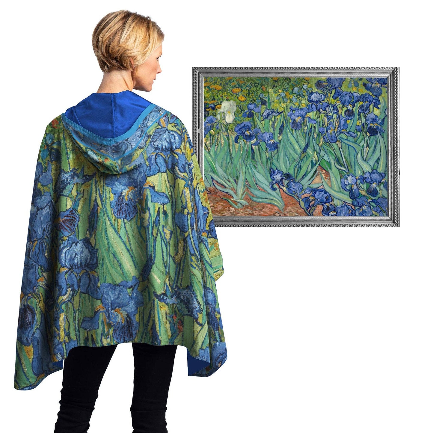 RainCaper - Van Gogh Irises Reversible Rain Cape – Lightweight Hooded Wrap for Women