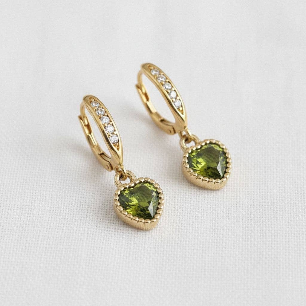Ellemadera -  Olive Green Cubic Zirconia Heart Earrings
