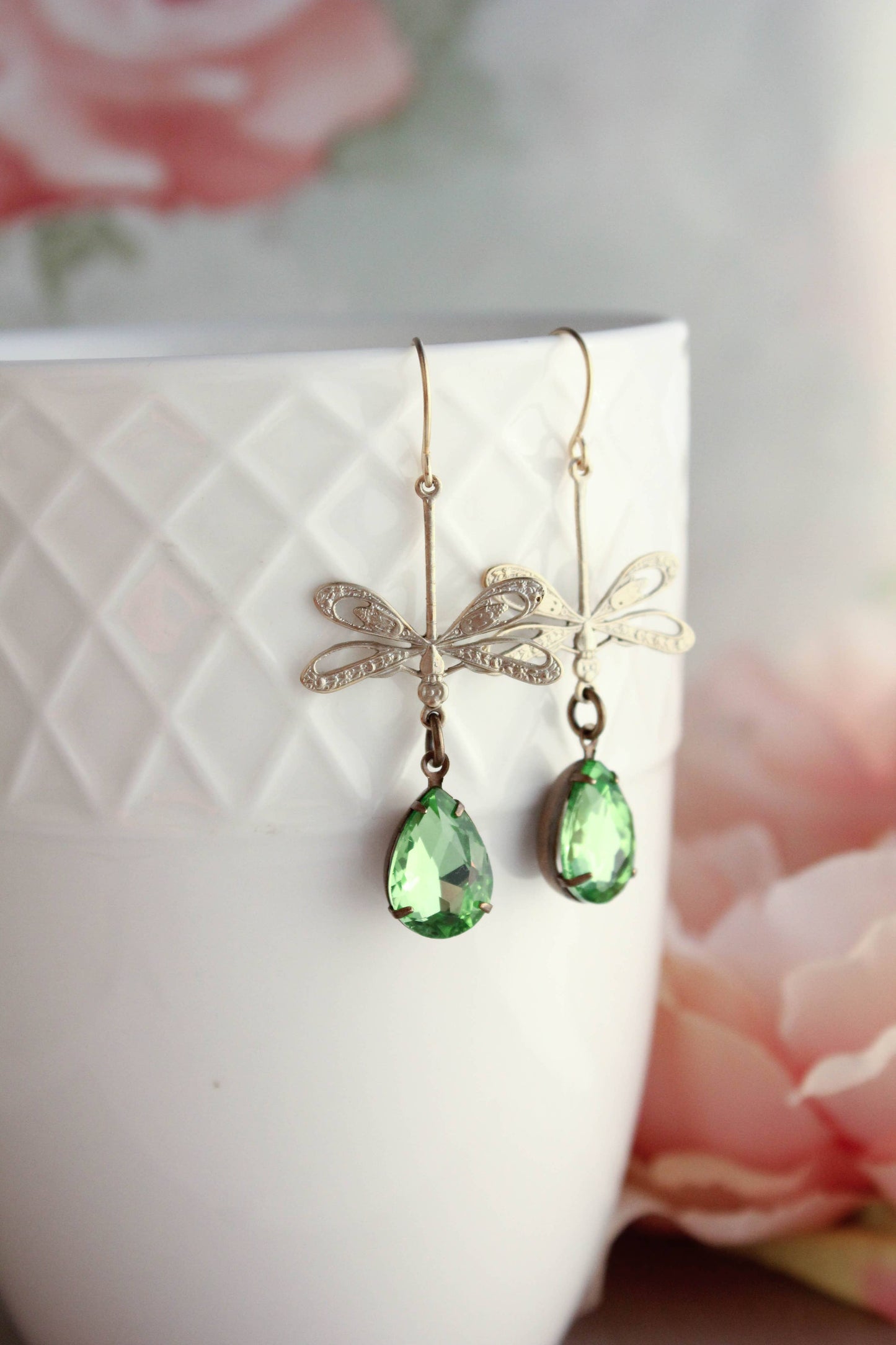 A Pocket of Posies - Dragonfly Earrings - Gold Patina and Green Glass