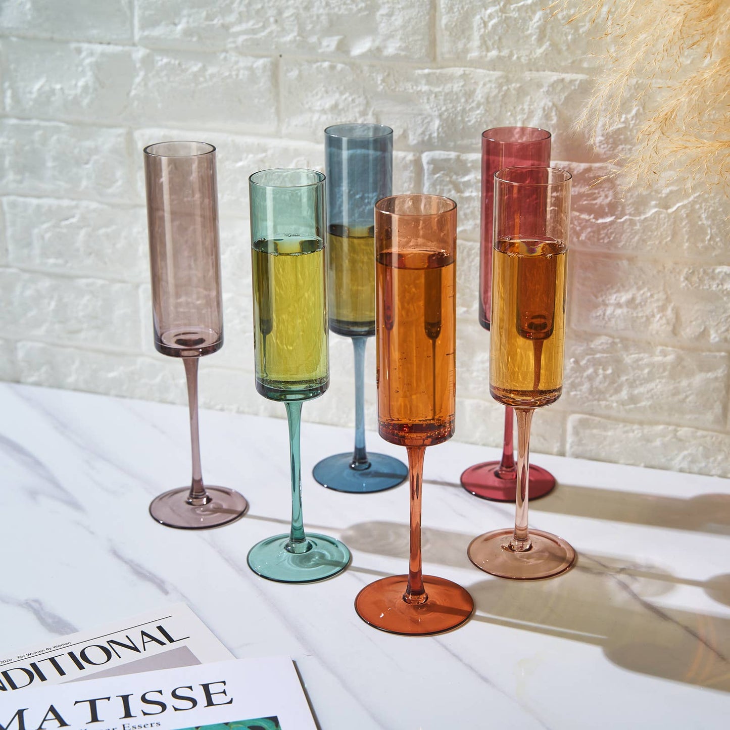 The Wine Savant /  Khen Glassware - Khen Muted Rainbow Champagne Flute Stemmed Glasses Set of 6