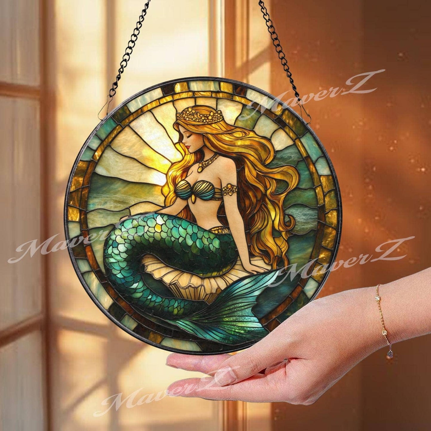 NVC Ecommerce LLC - Mermaid Princess Stained Glass Suncatcher, Sea Fantasy: 11.8in