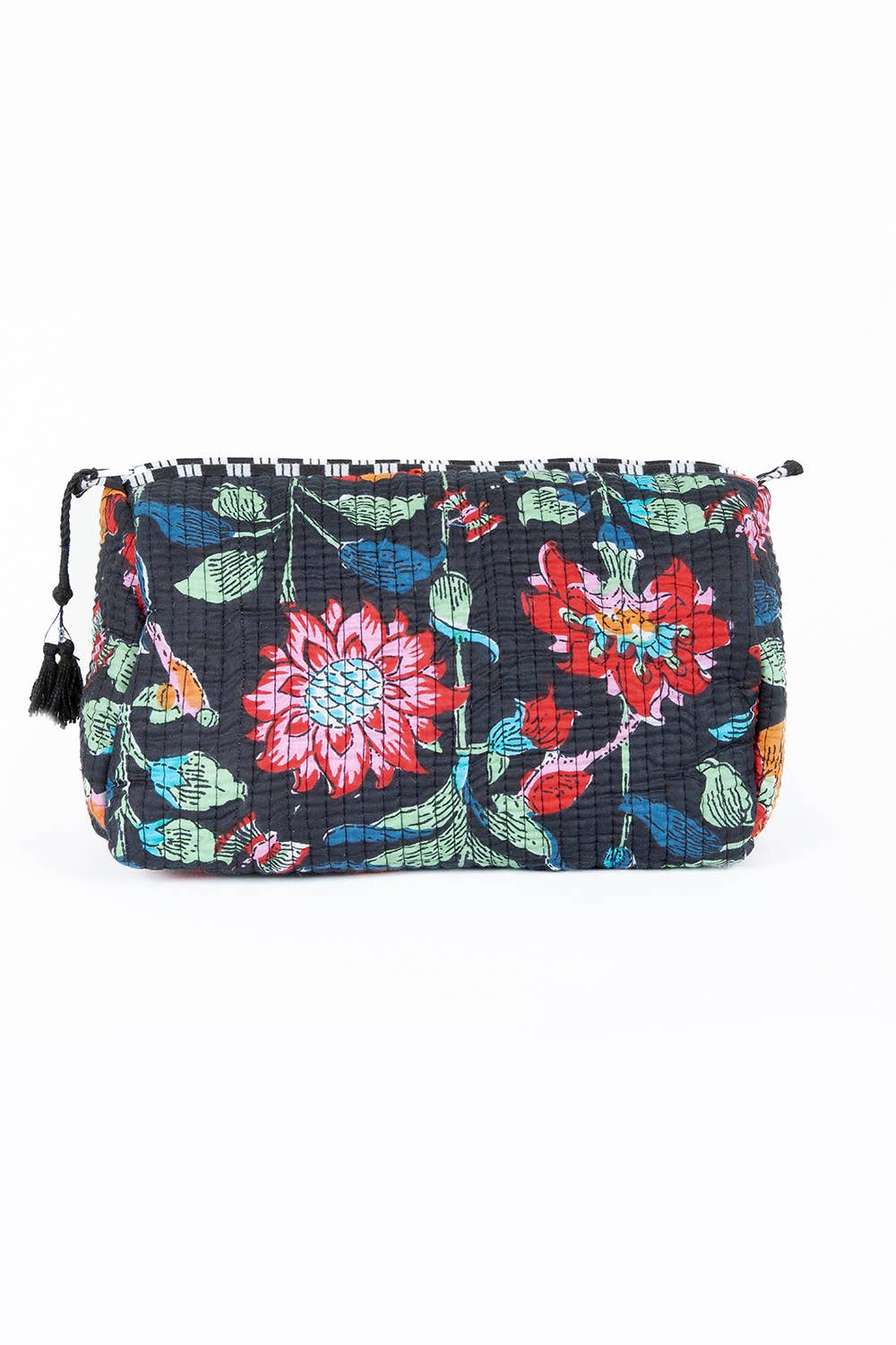 LA Soul - Black Floral print Quilted Cotton Toiletry Bag Set