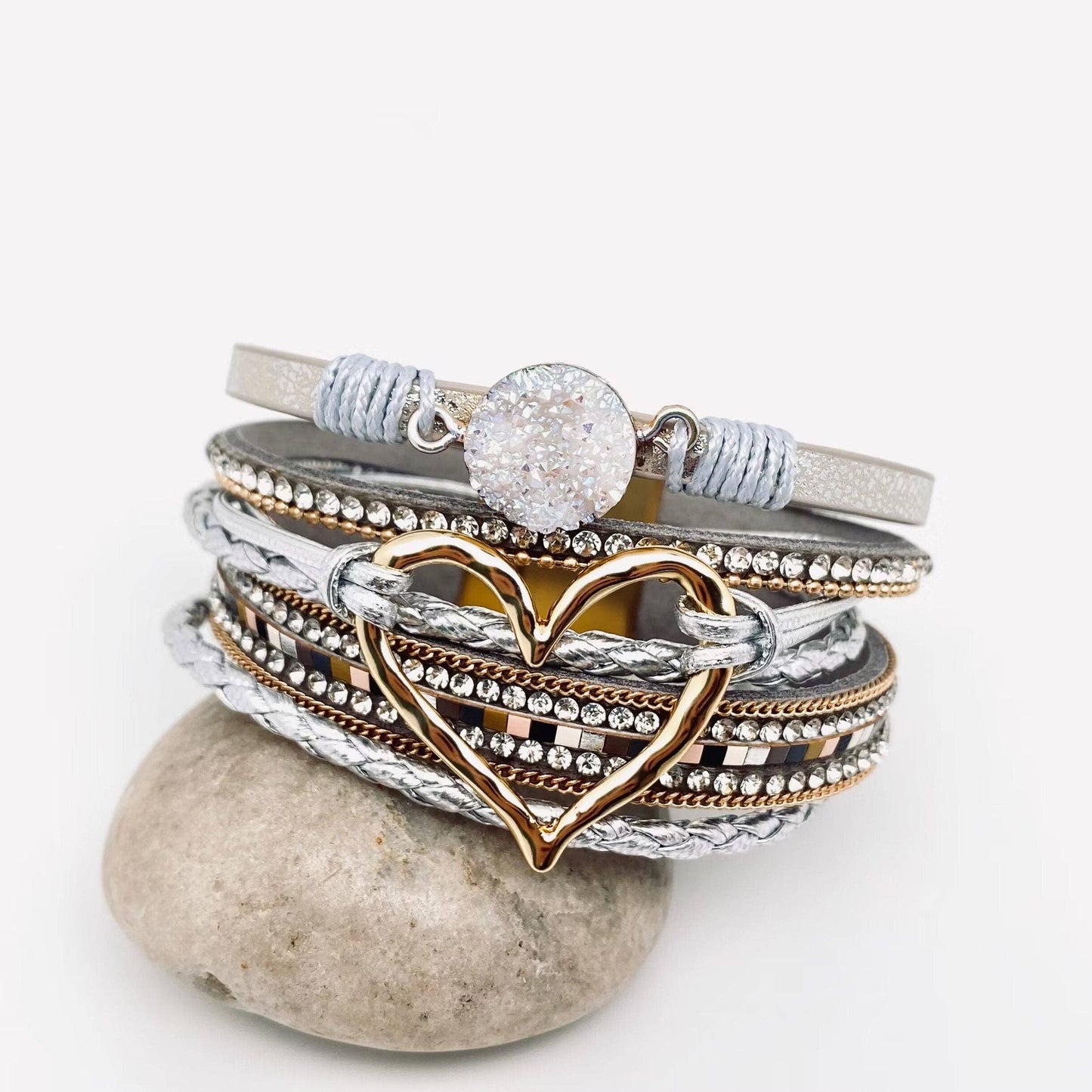 Mio Queena - Multi-Layer Heart Charm Bangle Bracelets - BJ/LB: Silver Heart