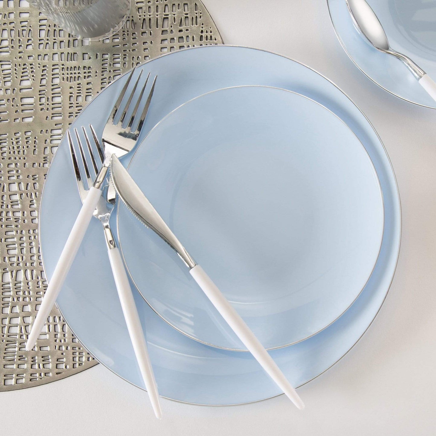Luxe Party - Round Ice Blue • Silver Plastic Plates | 10 Pack: 10.25" Dinner Plates
