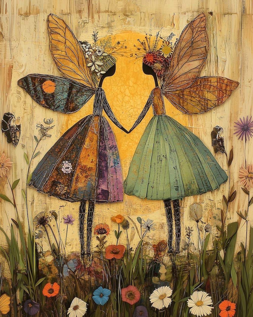 Mowbi - Folk Art Twin Fairies - Fairy Folk Art Prints – 8″x10″ Artwork in 11″x14″ Mat