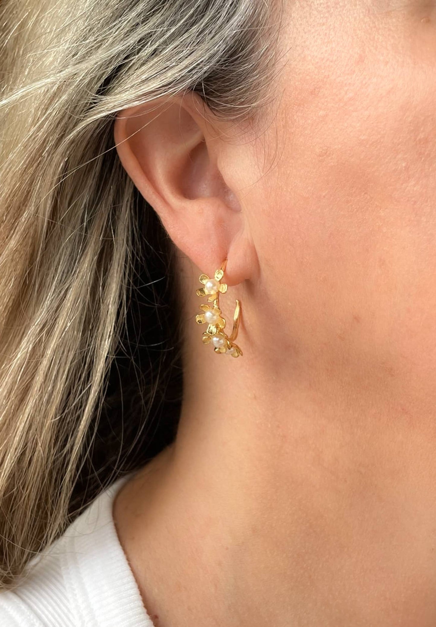 AJS Design Studio - Gold floral hoops with freshwater pearls