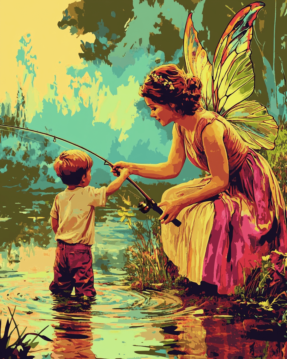 Mowbi - Fairy Fishing with a Friend - Fairies Wall Art Prints – 8″x10″ Artwork for 11″x14″ Frame
