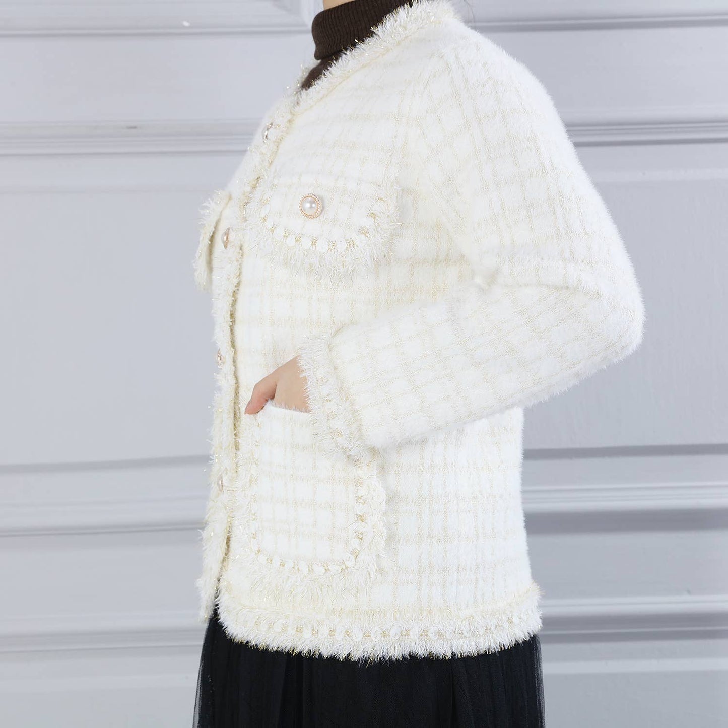 PEACH ACCESSORIES - SD187 Tweed soft cardigan: Black