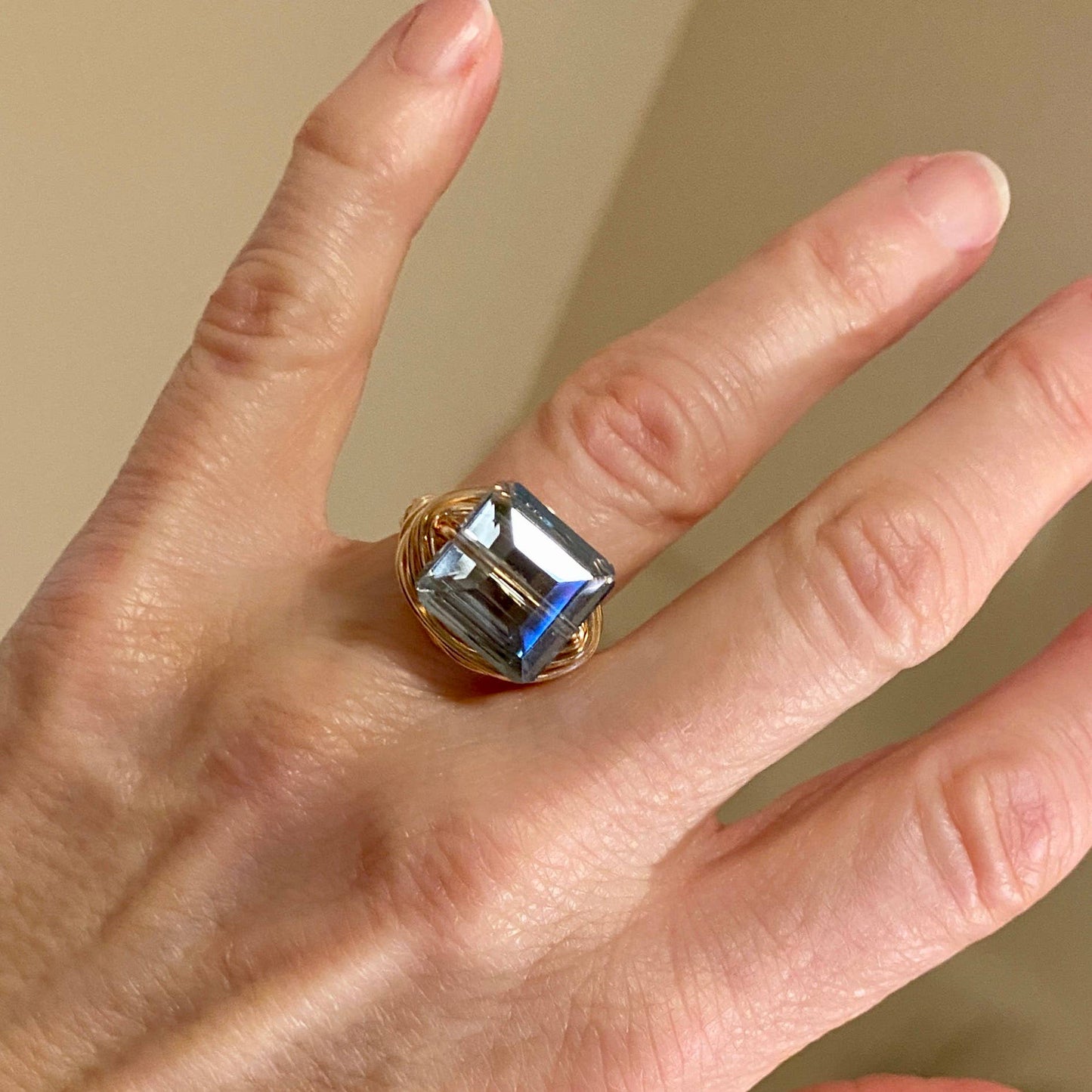 Marble Designs Jewelry - Blue Square Crystal Gold Wire Wrapped Ring StatementCocktail: 7 / Gold / Champagne