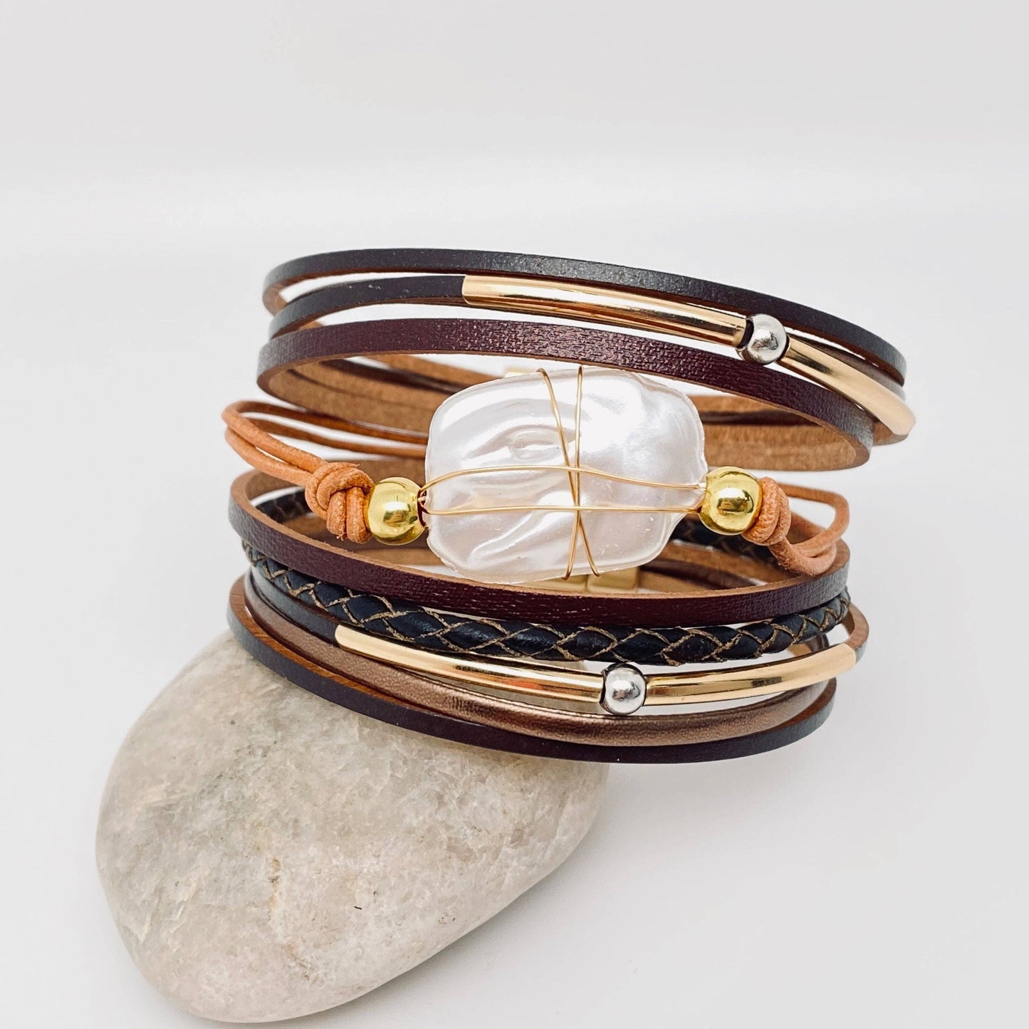 Mio Queena - Pearl Charm Leather Bracelet with Magnetic Buckle - LB: Khaki