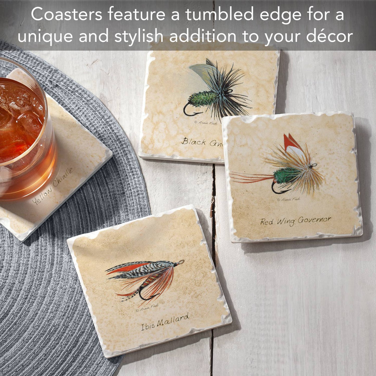 CounterArt/Highland Home/Thirstystone - "Fly Fishing Lures" 4 Pack Assorted Image Coaster Set