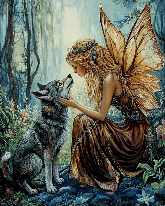 Mowbi - Fairy with Her Young Wolf - Fairies Wall Art Prints – 8″x10″ Artwork for 11″x14″ Frame