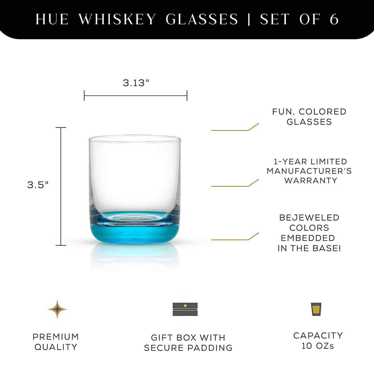 JoyJolt - Hue Colored Whiskey Tumbler Glasses, Set of 6