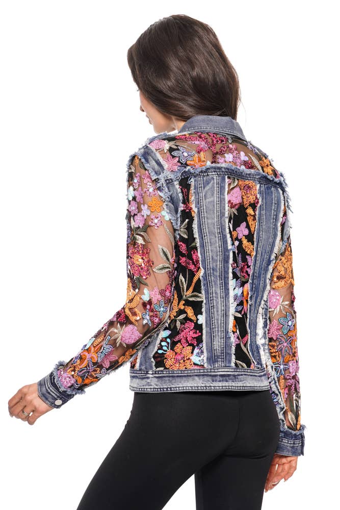 Adore - A7217-86C DENIM JACKET WITH FLORAL EMBROIDERED SEQUENCE: L