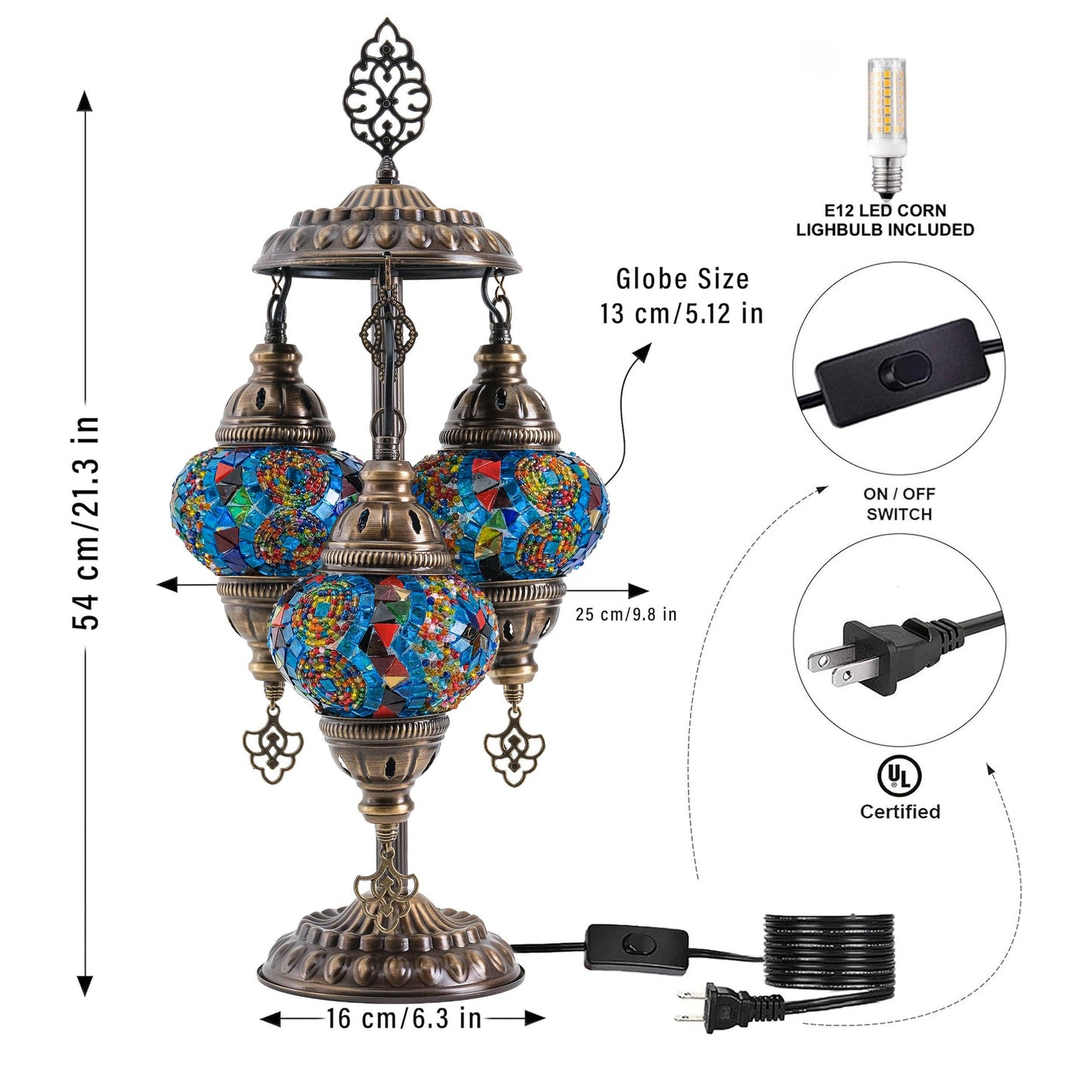 Mozaist LLC - 3-Globe Turkish Mosaic Table Lamp (Rainbow)