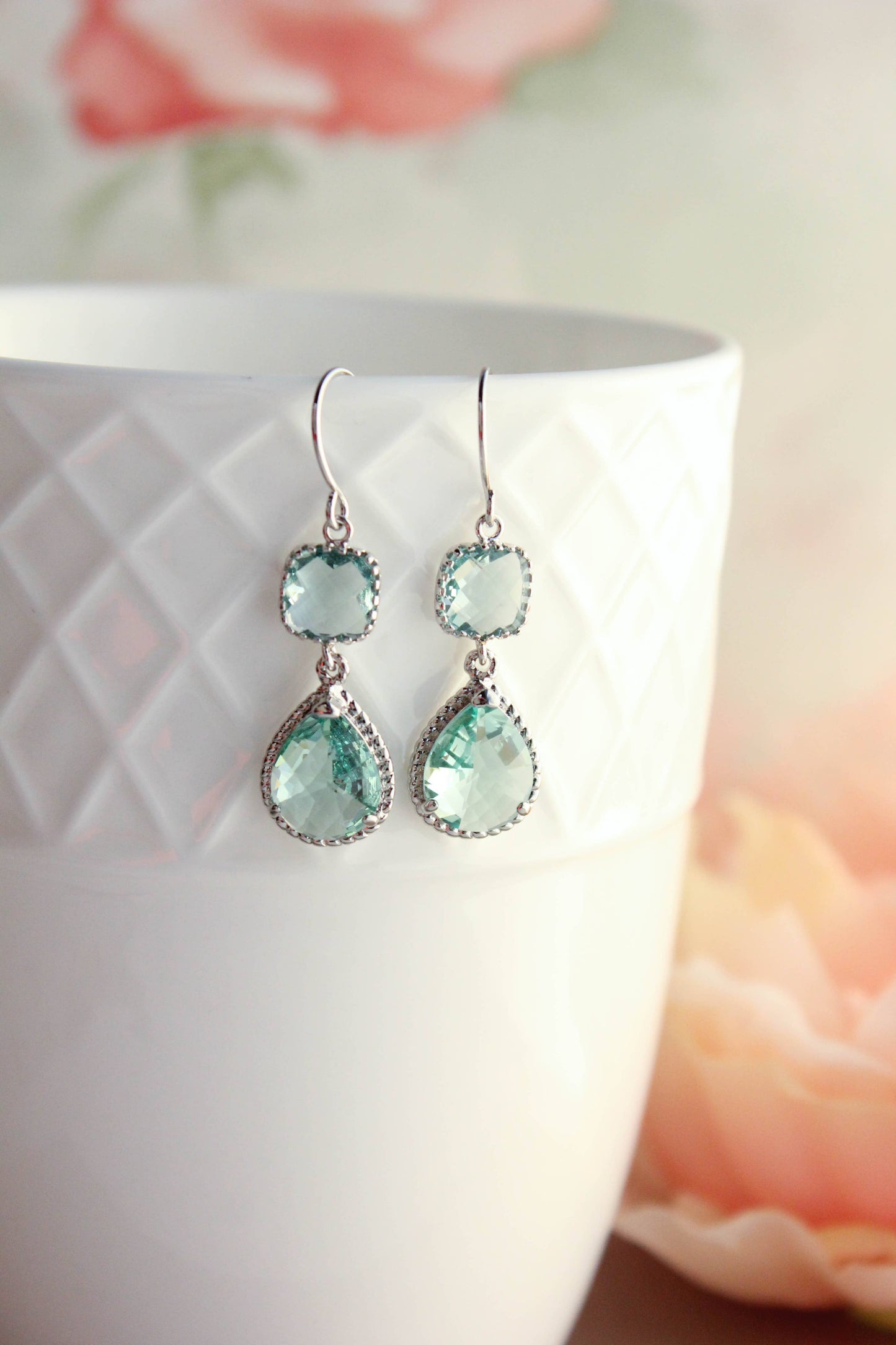 A Pocket of Posies - Aqua Erinite Glass Dangle Earrings - Two Jewel Teardrop