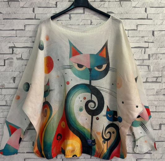 LOOWIE -  Z760 Cream Cat Round Knit Printed Sweater LOOWIE