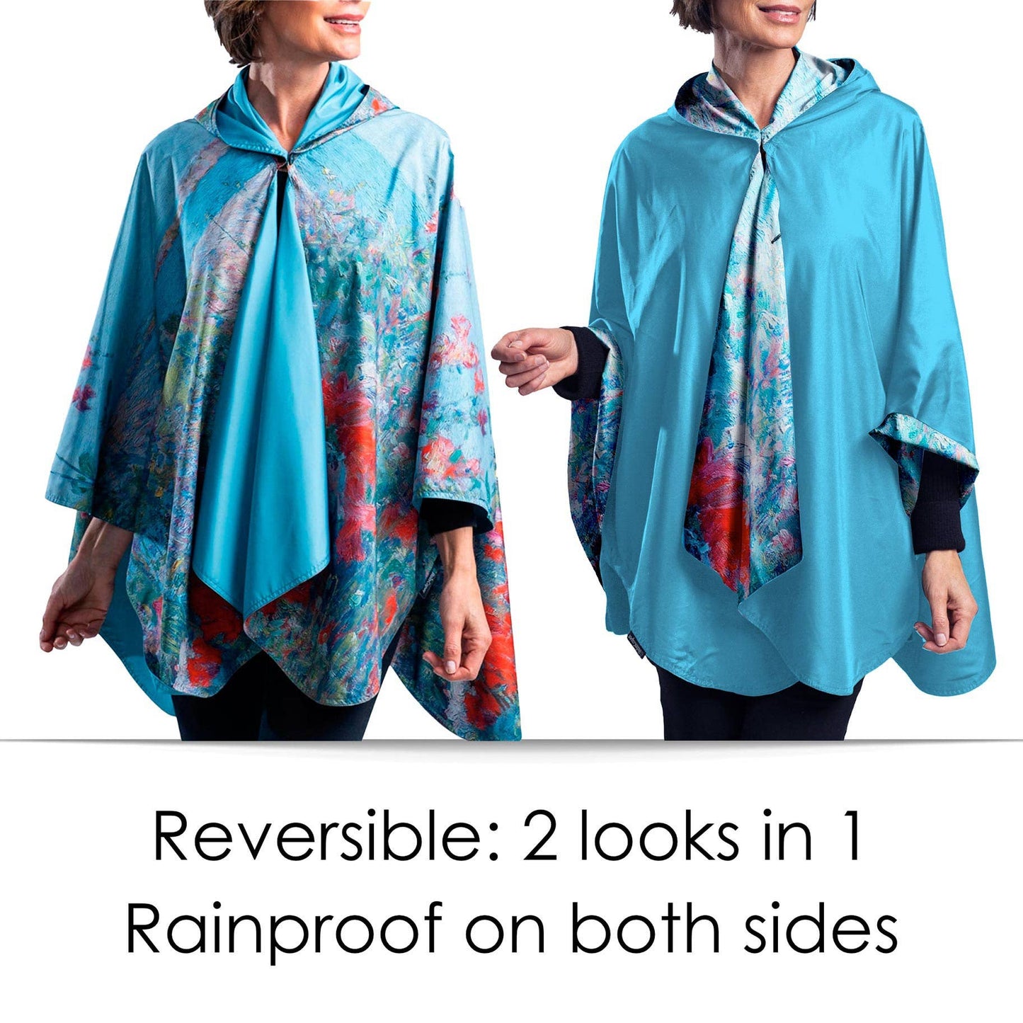 RainCaper - Hassam "Celia's Garden" Reversible Rain Cape Poncho – Lightweight Hooded Wrap for Women