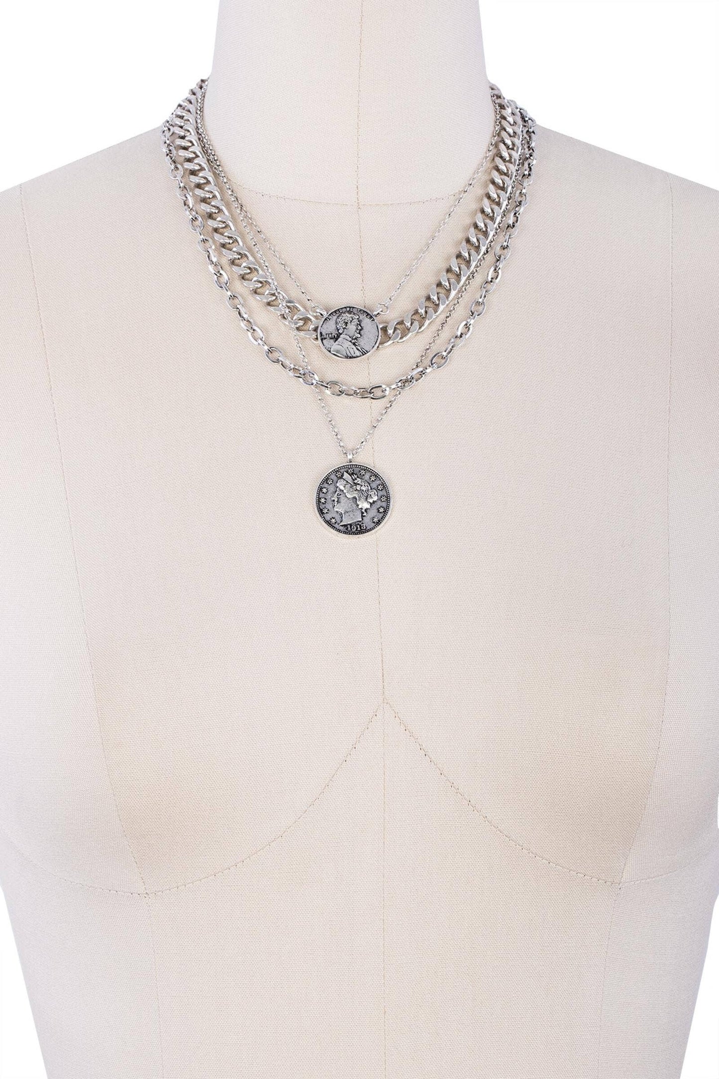 SAACHI - Sikka Coin Layered Chain Necklace: Silver