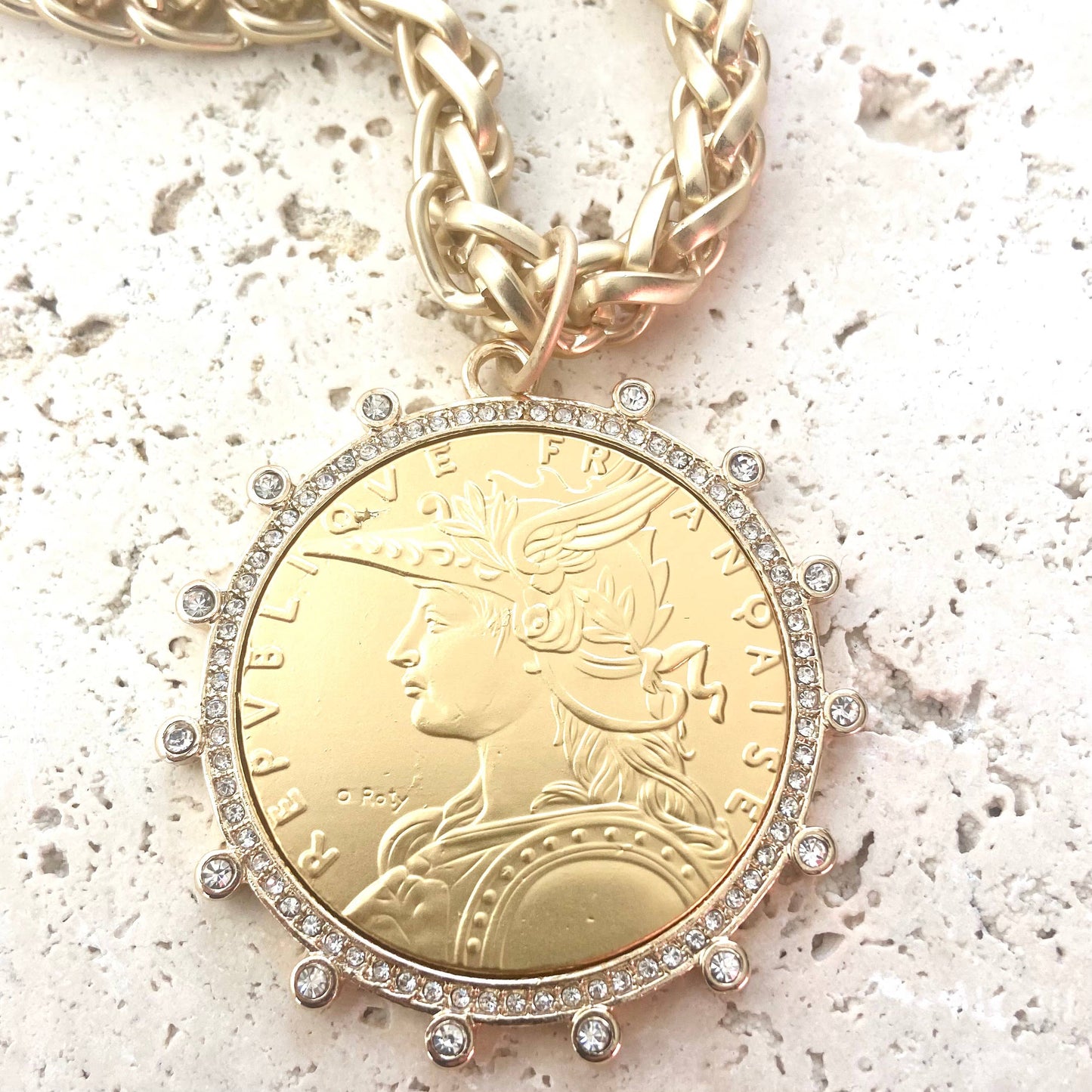 VB&CO Designs Handmade Jewelry - French coin necklace matte gold boutique