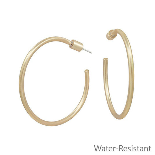 What's Hot - Thin (2MM) Water Resistant Matte Gold Hoop with Cylinder Back Closure Earring