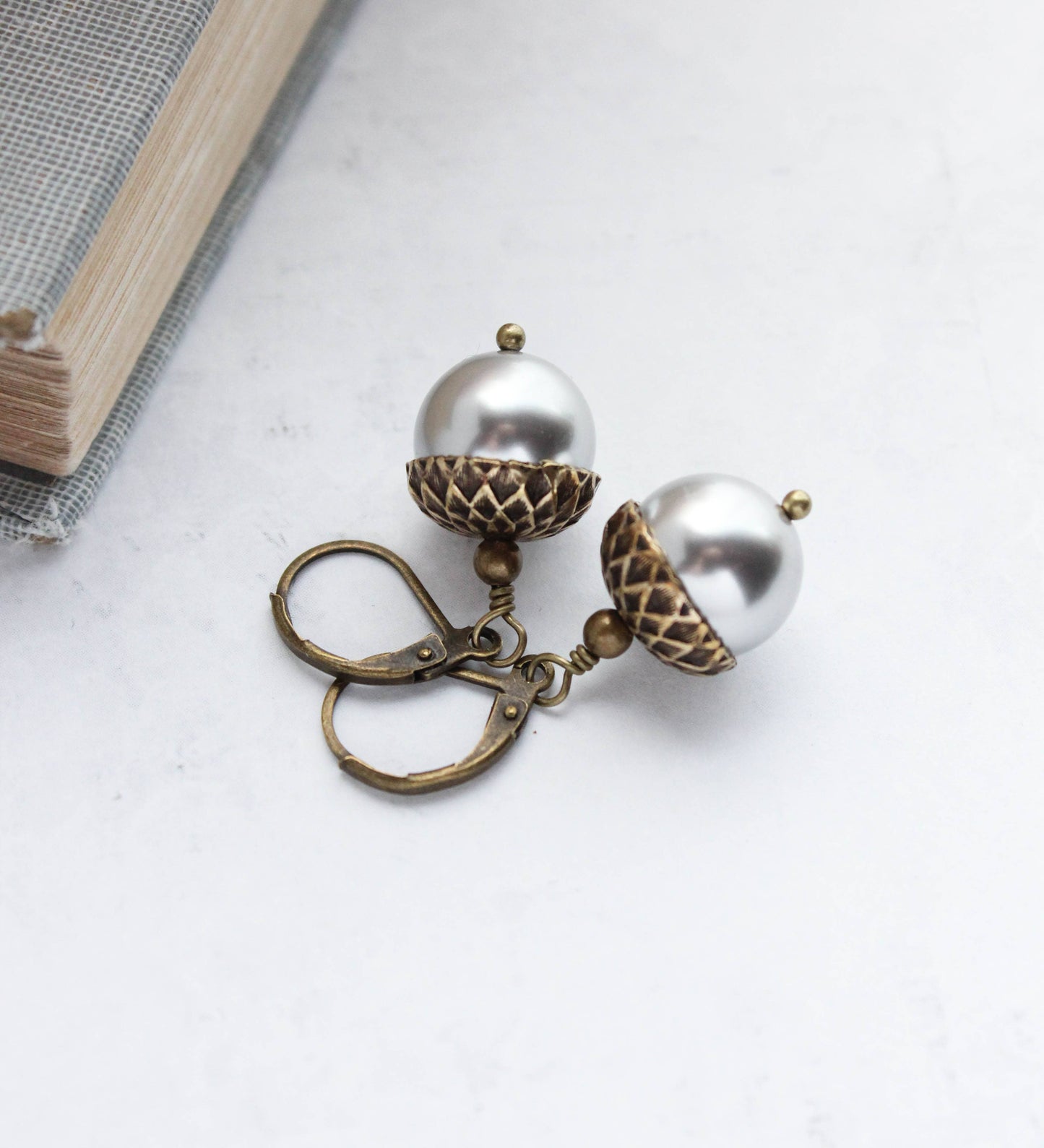 A Pocket of Posies - Light Silver Grey Pearl Acorn Earrings  - ANTIQUED BRASS