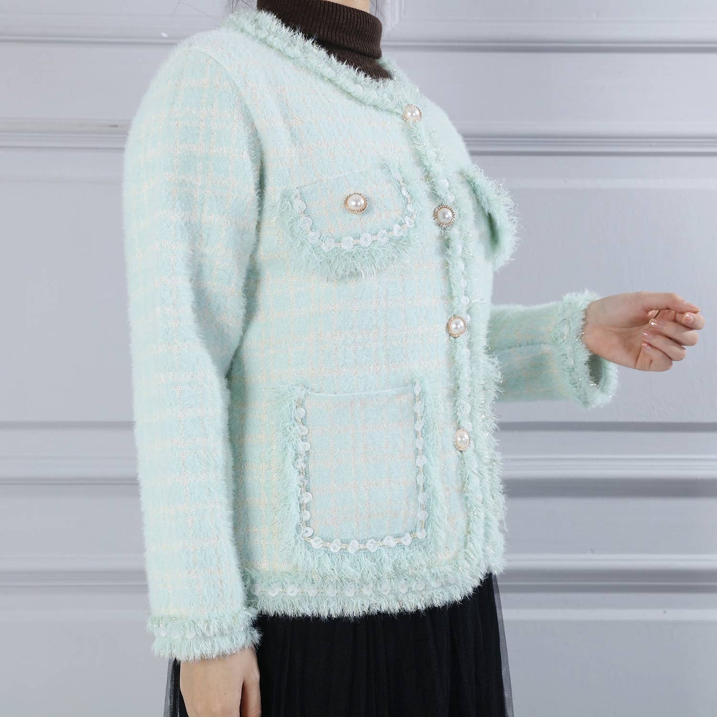 PEACH ACCESSORIES -  Fringed Hem and Cuffs Cardigan with Pearly Buttons SD187: Pink