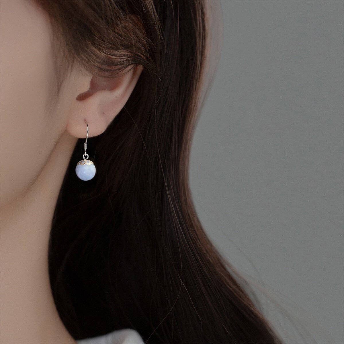 Haengseongworkshop - 18K Gold Plated/ S925 12mm Milky Aquamarine Filigree Flower Bead Cap Earrings: S925
