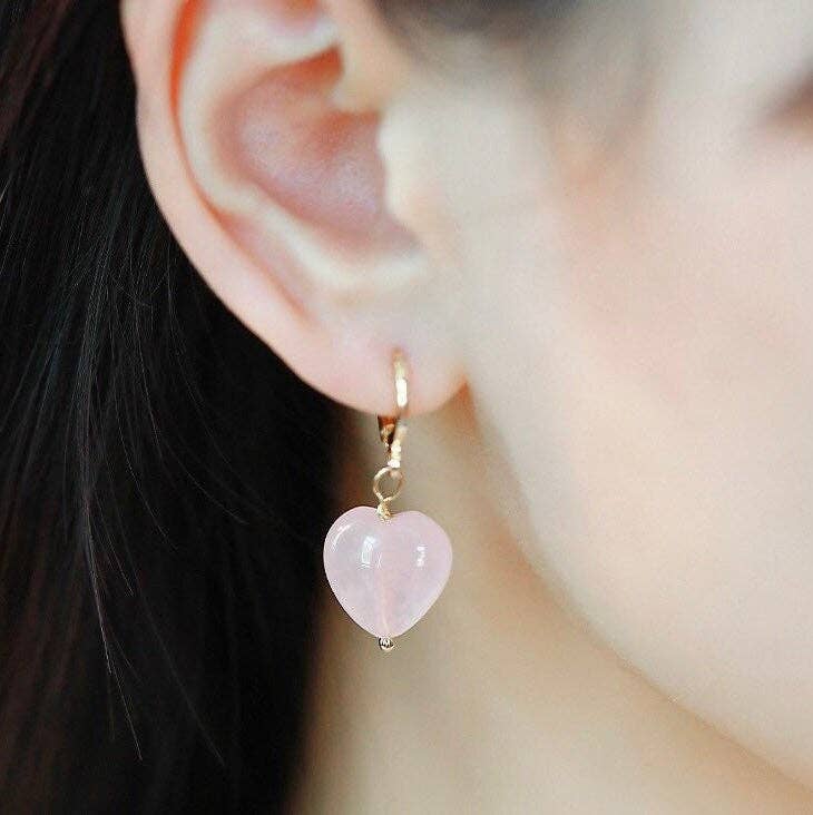 Haengseongworkshop - 18K Gold Plated 10/12mm Rose Quartz Heart Earrings: 12mm