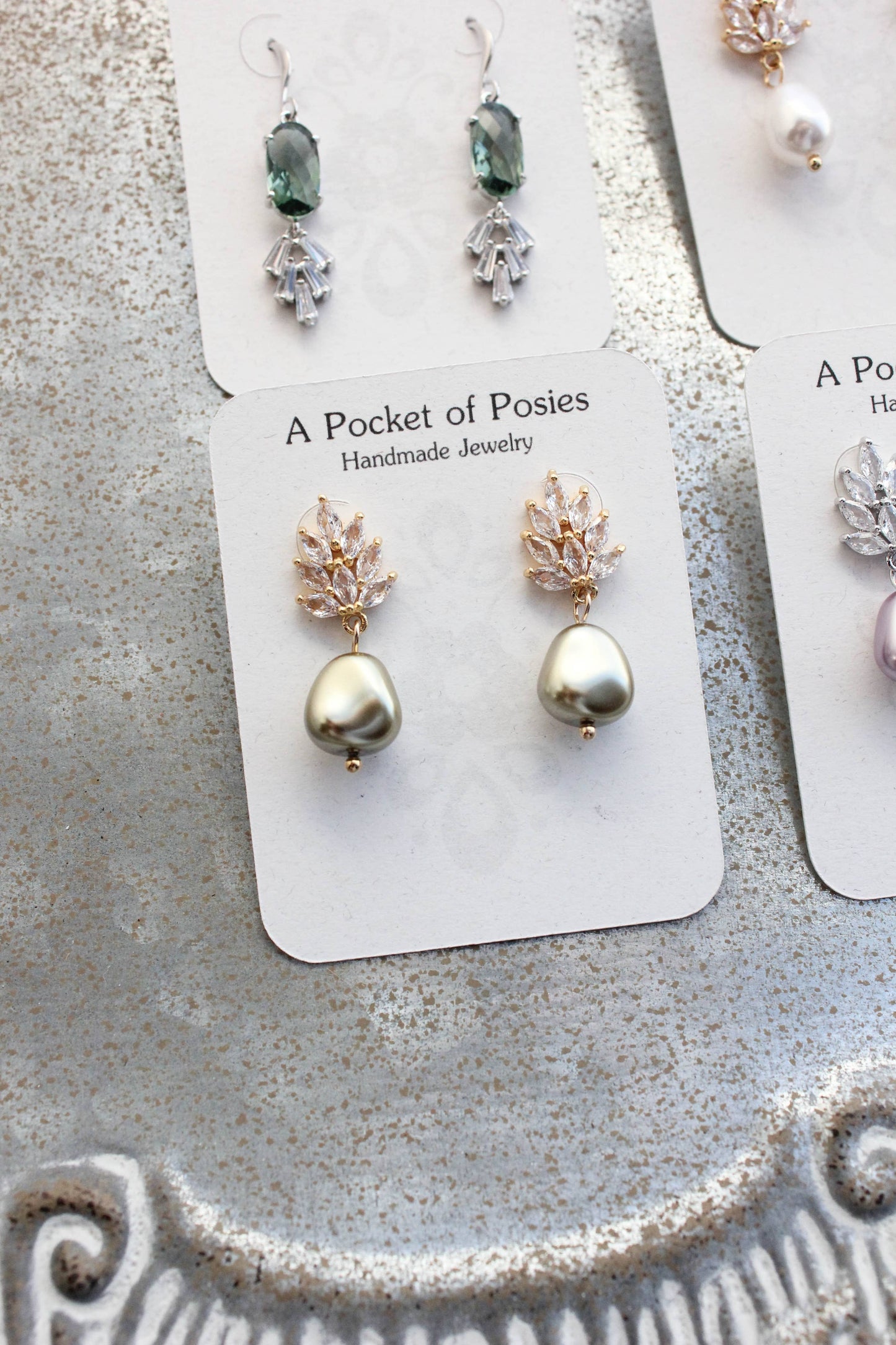 A Pocket of Posies - Glass Leaf Post Earrings - Pearl Drop: Gold Plated / Ivory Cream/Baroque Pearl