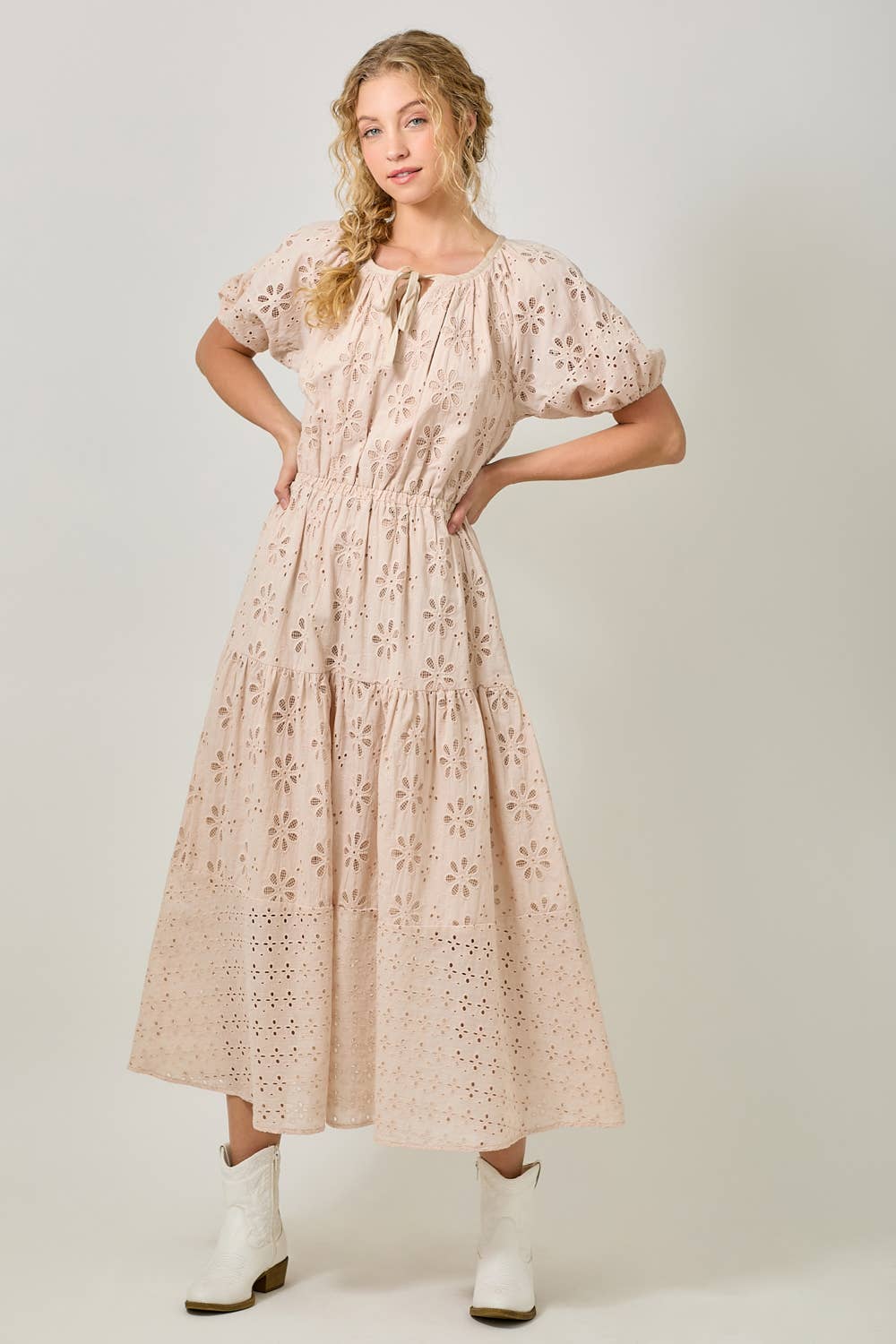 Mystree - 61037 Puff Sleeve Tiered Eyelet Dress: Ivory / Medium