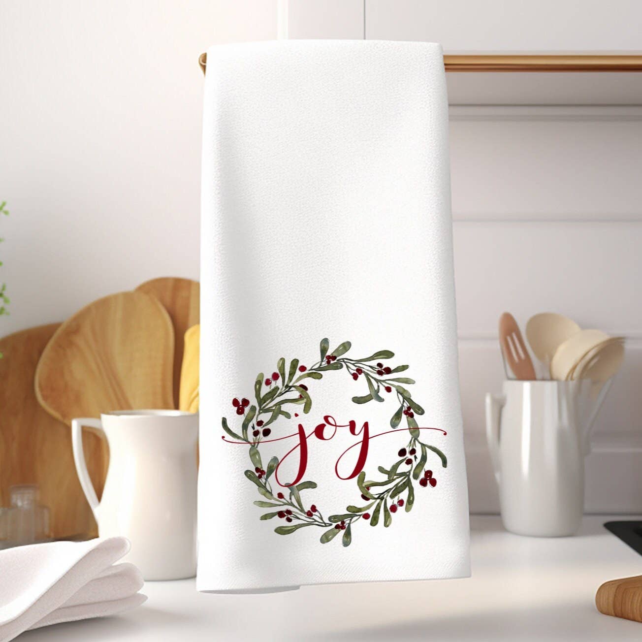 Fernville Creations - Elegant Christmas "Joy" Wreath Holiday / Winter Hand Towel